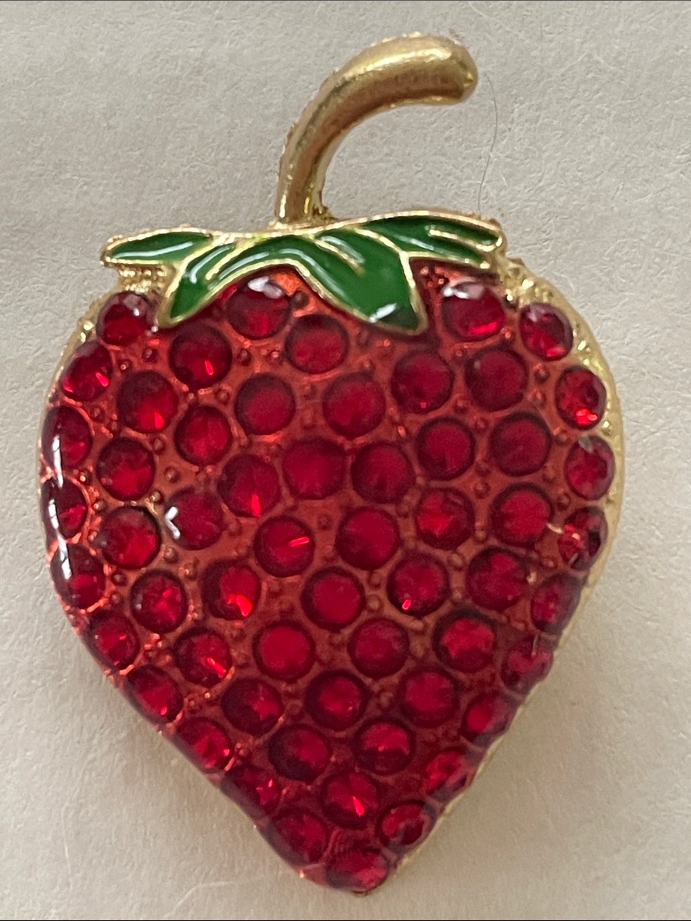 Red Rhinestone Strawberry Brooch with Green Leaf Accent New